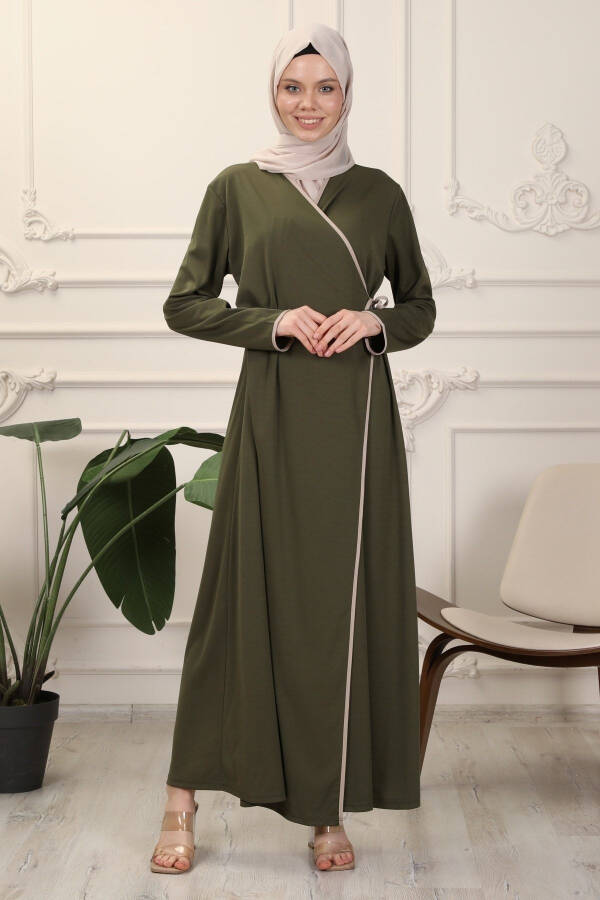 Khaki Wrap Collar Cuffed Stretchy Interlock Fabric Prayer Dress - 3