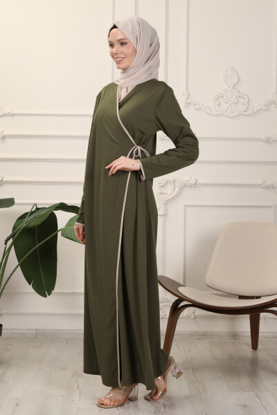 Khaki Wrap Collar Cuffed Stretchy Interlock Fabric Prayer Dress - 6