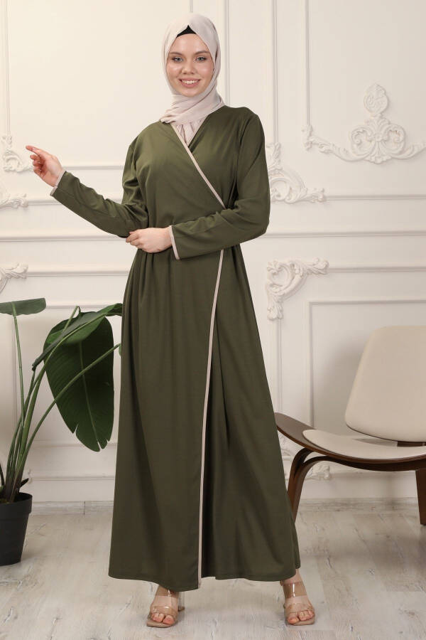 Khaki Wrap Collar Cuffed Stretchy Interlock Fabric Prayer Dress - 7