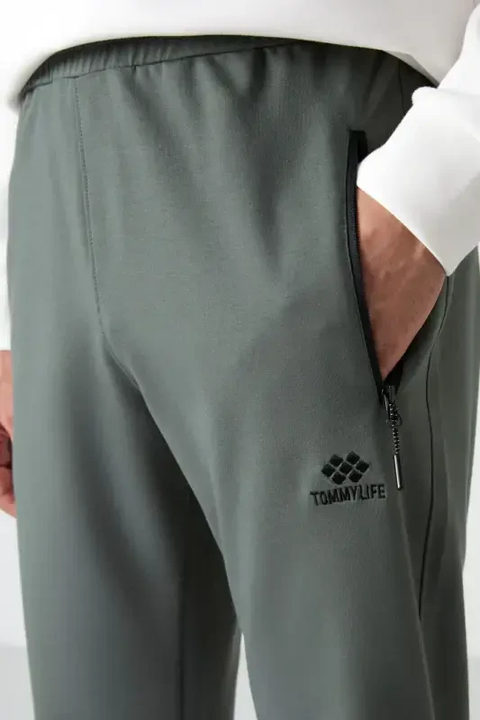 Khaki Zippered Three Pocket Slim Fit Classic Leg Men's Sweatpants - 84671 - 3