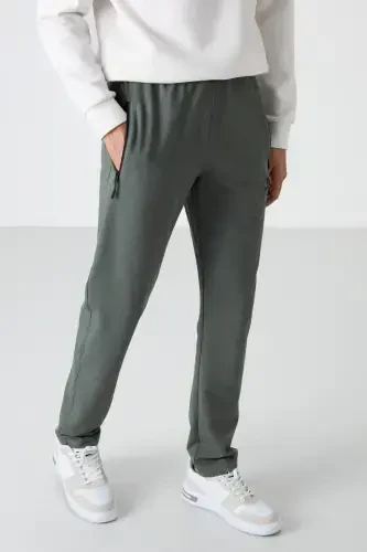 Khaki Zippered Three Pocket Slim Fit Classic Leg Men's Sweatpants - 84671 - 4