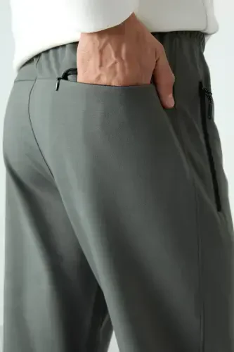 Khaki Zippered Three Pocket Slim Fit Classic Leg Men's Sweatpants - 84671 - 5