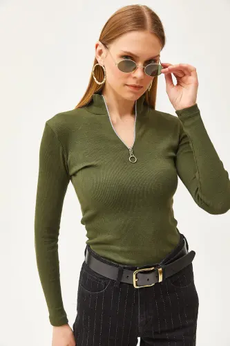 Khaki Zippered Turtleneck Lycra Blouse BLZ-19001155-Khaki 