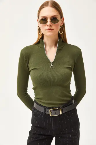 Khaki Zippered Turtleneck Lycra Blouse BLZ-19001155-Khaki - 5