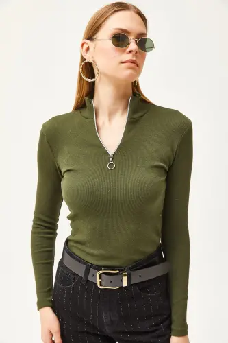 Khaki Zippered Turtleneck Lycra Blouse BLZ-19001155-Khaki - 6