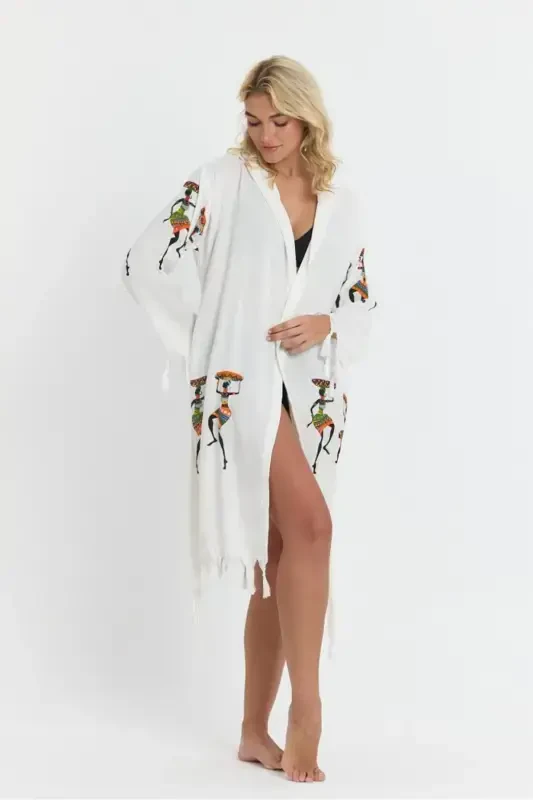 Kiana Bamboo Women's Robe Beach Dress Patterned-Beige - 6