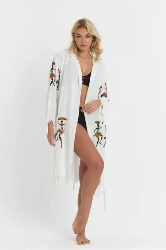 Kiana Bamboo Women's Robe Beach Dress Patterned-Beige - 7