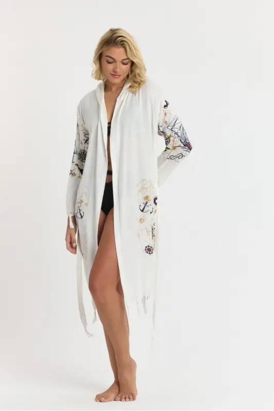 Kiana Bamboo Women's Robe Beach Dress Patterned-Navy Blue - 5