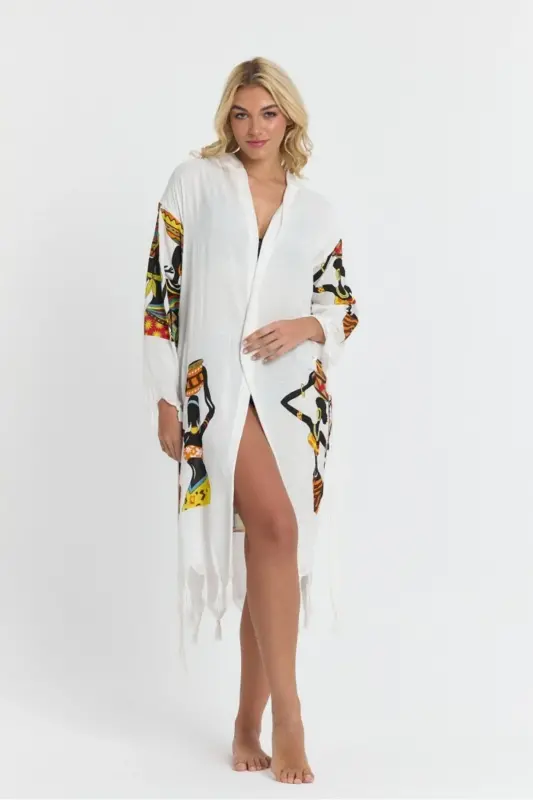 Kiana Bambu Kadın Bornoz Plaj Elbisesi Desenli-Kahve - MULBERRY