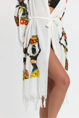 Kiana Bambu Kadın Bornoz Plaj Elbisesi Desenli-Kahve - 3