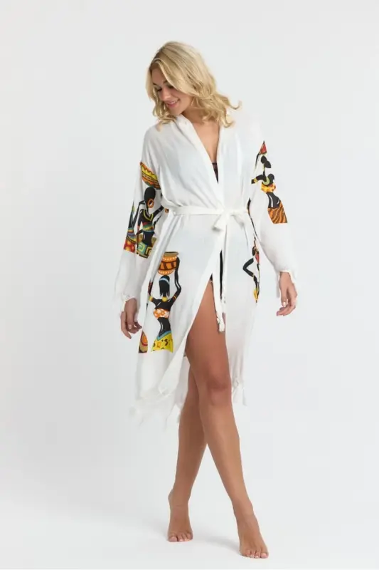 Kiana Bambu Kadın Bornoz Plaj Elbisesi Desenli-Kahve - 5