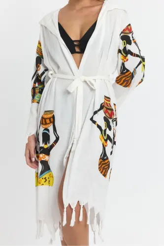 Kiana Bambu Kadın Bornoz Plaj Elbisesi Desenli-Kahve - 7