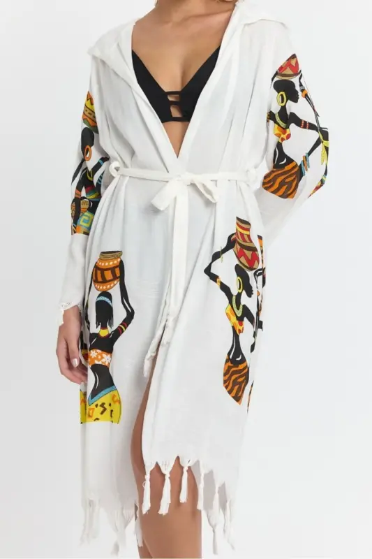 Kiana Bambu Kadın Bornoz Plaj Elbisesi Desenli-Kahve - 7