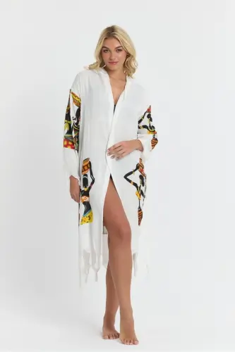 Kiana Bambu Kadın Bornoz Plaj Elbisesi Desenli-Kahve 