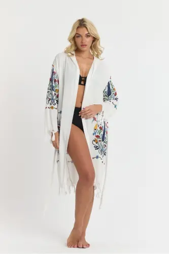 Kiana Bambu Kadın Bornoz Plaj Elbisesi Desenli-Mavi - 1