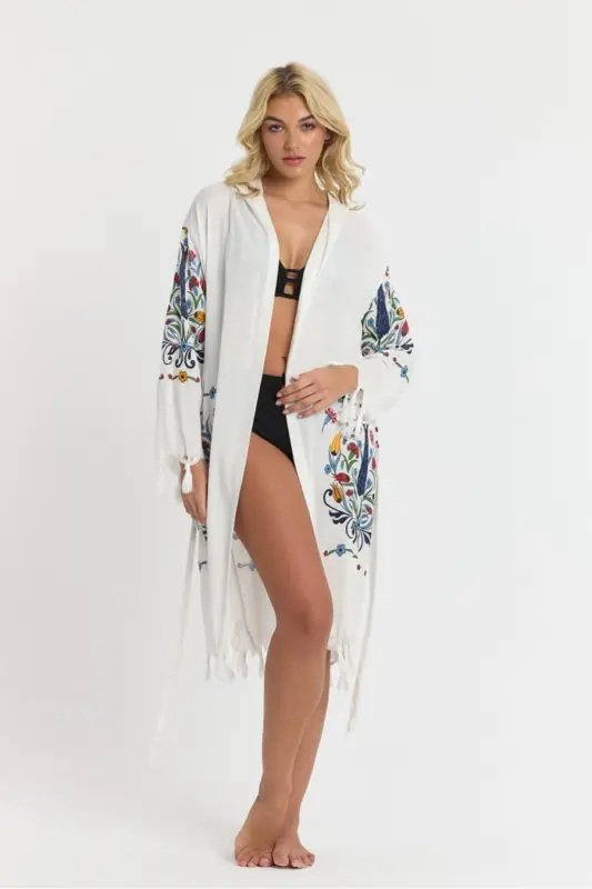 Kiana Bambu Kadın Bornoz Plaj Elbisesi Desenli-Mavi - 1