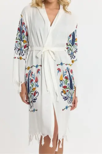 Kiana Bambu Kadın Bornoz Plaj Elbisesi Desenli-Mavi - MULBERRY (1)