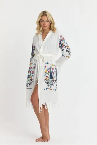 Kiana Bambu Kadın Bornoz Plaj Elbisesi Desenli-Mavi - 3