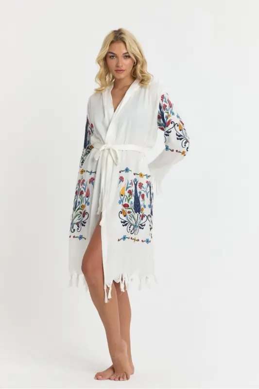 Kiana Bambu Kadın Bornoz Plaj Elbisesi Desenli-Mavi - 3