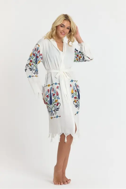 Kiana Bambu Kadın Bornoz Plaj Elbisesi Desenli-Mavi - 4