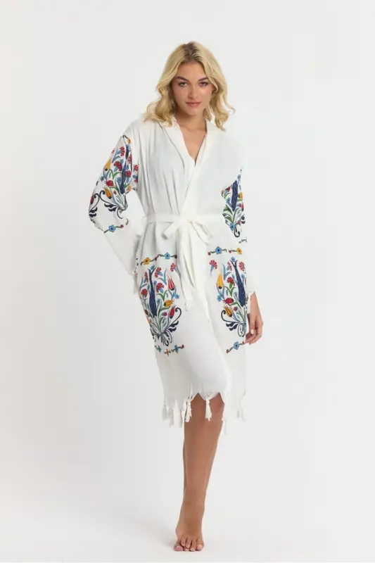 Kiana Bambu Kadın Bornoz Plaj Elbisesi Desenli-Mavi - 5