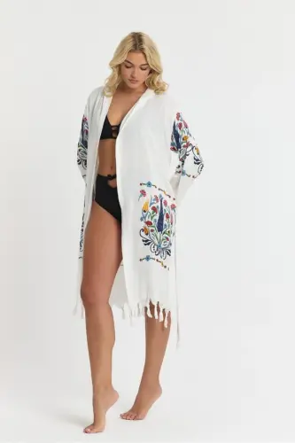 Kiana Bambu Kadın Bornoz Plaj Elbisesi Desenli-Mavi - 6