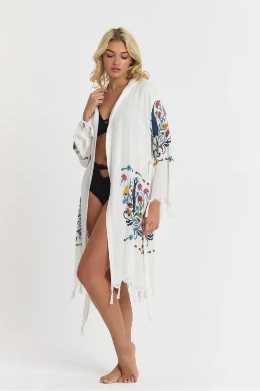 Kiana Bambu Kadın Bornoz Plaj Elbisesi Desenli-Mavi - 7