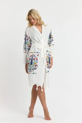 Kiana Bambu Kadın Bornoz Plaj Elbisesi Desenli-Mavi - 8