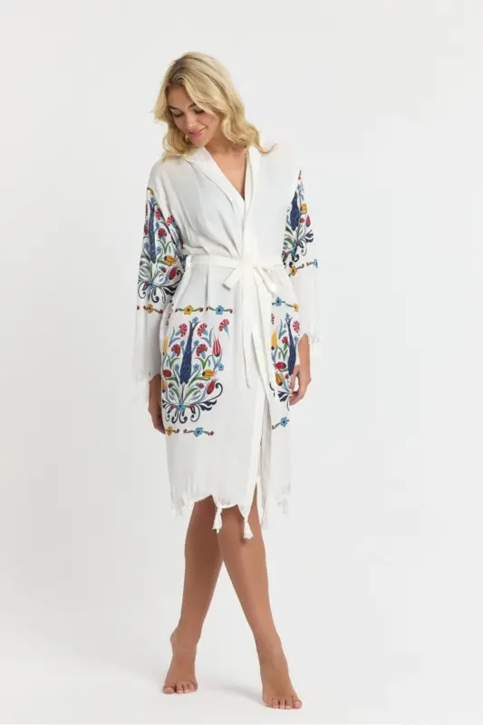 Kiana Bambu Kadın Bornoz Plaj Elbisesi Desenli-Mavi - 8