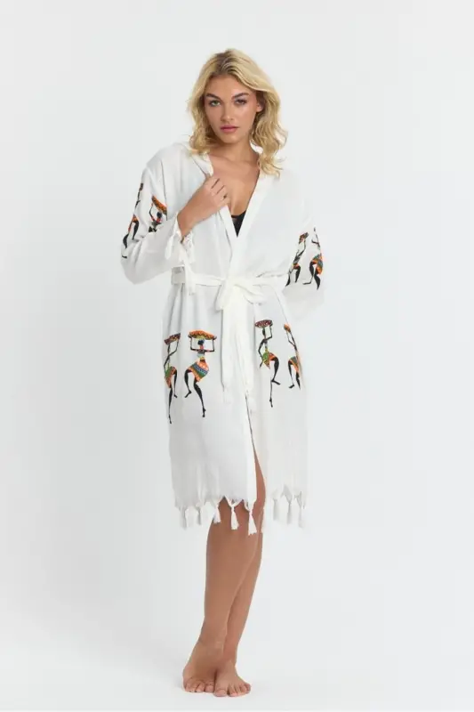 Киана Бамбу Женский Халат Пляжное Платье С Рисунком-Бежевый - 3