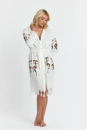 Киана Бамбу Женский Халат Пляжное Платье С Рисунком-Бежевый - 4