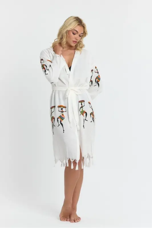 Киана Бамбу Женский Халат Пляжное Платье С Рисунком-Бежевый - 4