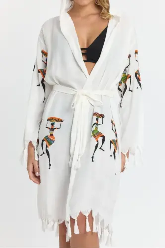 Киана Бамбу Женский Халат Пляжное Платье С Рисунком-Бежевый - 5