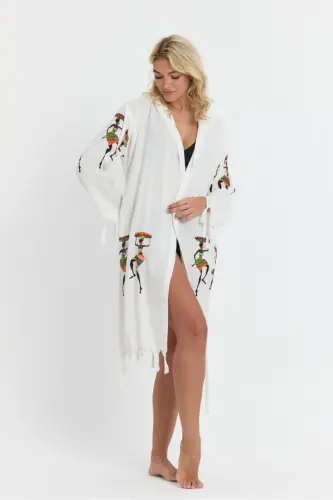 Киана Бамбу Женский Халат Пляжное Платье С Рисунком-Бежевый - 6
