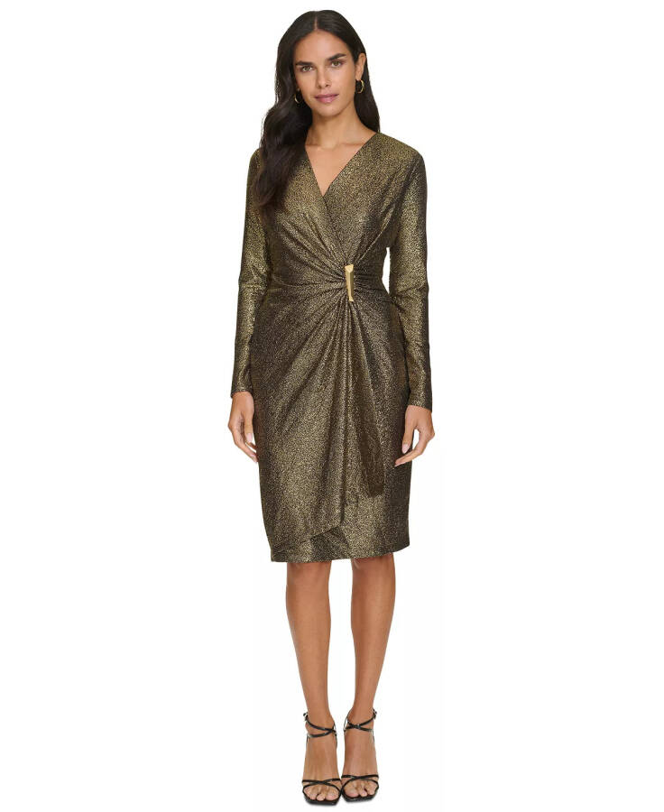 Kichkina Metallic Faux-Wrap Sheath Dress Black Gold - 1