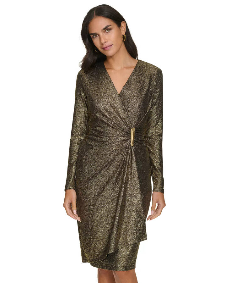 Kichkina Metallic Faux-Wrap Sheath Dress Black Gold - 3