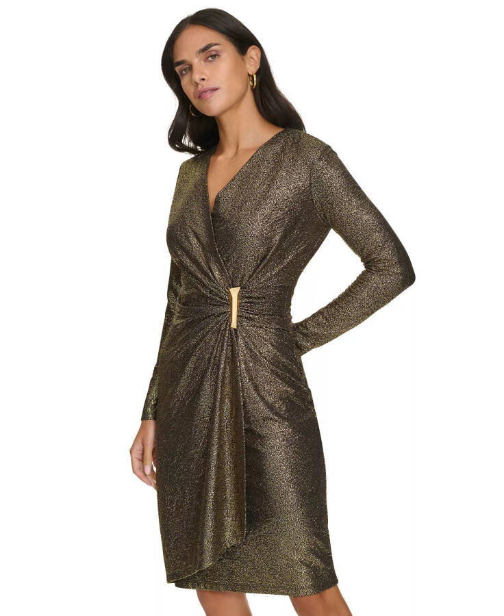 Kichkina Metallic Faux-Wrap Sheath Dress Black Gold - 4