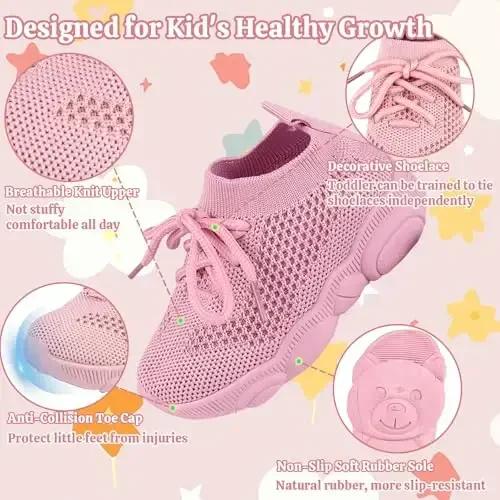 Toddler Baby Girls Boys Tennis White Walking Barefoot Slip on Shoes 18-24 Months Size 5 Wide Toe Box Summer Soft Sole Flexible Dinosaur Cheer Shoes Breathable Outdoor Soccer Rubber Sneakers - 4