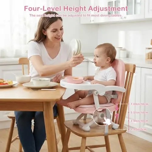 Kichkintoylar uchun ovqatlanish stoli uchun olinadigan patnis va yostiqli Baby Booster o'rindiq, 3in1 portativ o'rindiq, chaqaloqlar va kichkintoylar uchun 4 balandlikda sozlanadigan sayohat uchun yuqori stul - 3