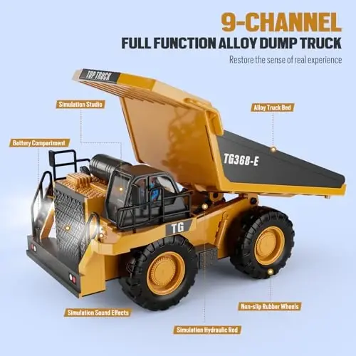 KIDMARKT RC Dump Truck Toy, 9-Channel Remote Control Toy with Metal Bed & Light, Rechargeable Battery, Kids Construction Vehicle Truck Toys for 3+ Boys, Perfect 2024 Kid Birthday Gift for Ages 3-12+ - 1