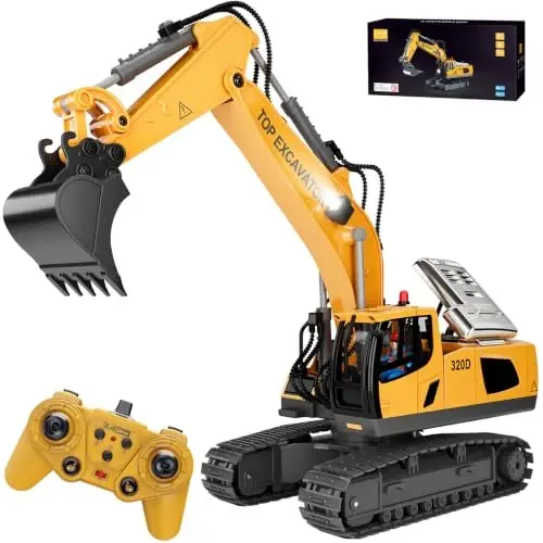 KIDMARKT Remote Control Excavator Toy for Boys, 11-Channel RC Construction Truck with Metal Parts, Lights & Dual Batteries, 120 Minutes Playtime, Rechargeable Digger Toy for Kids Ages 3-12, STEM Gift - 1