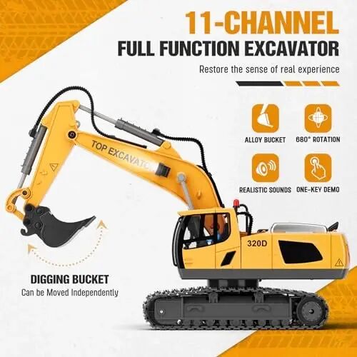 KIDMARKT Remote Control Excavator Toy for Boys, 11-Channel RC Construction Truck with Metal Parts, Lights & Dual Batteries, 120 Minutes Playtime, Rechargeable Digger Toy for Kids Ages 3-12, STEM Gift - KIDMARKT (1)