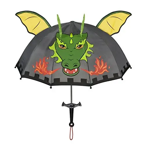 Kidorable Dragon Knight Grey Umbrella for Boys w/Fun Sword Handle, Pop-Up Dragon Wings - KIDORABLE