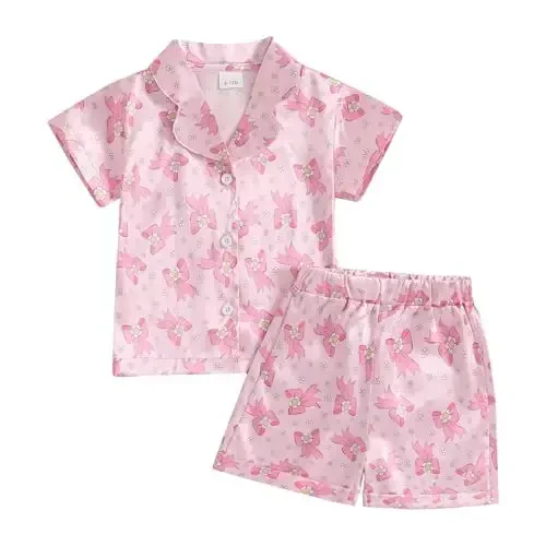 Kids Baby Girl Boy Satin Pajamas Set Short sleeve Button Down Shirt And Shorts Pjs Summer Sleepwear Nightwear - KIDS
