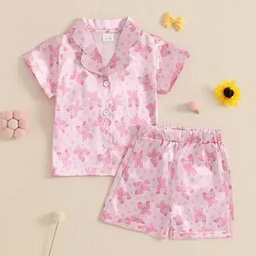 Kids Baby Girl Boy Satin Pajamas Set Short sleeve Button Down Shirt And Shorts Pjs Summer Sleepwear Nightwear - 2