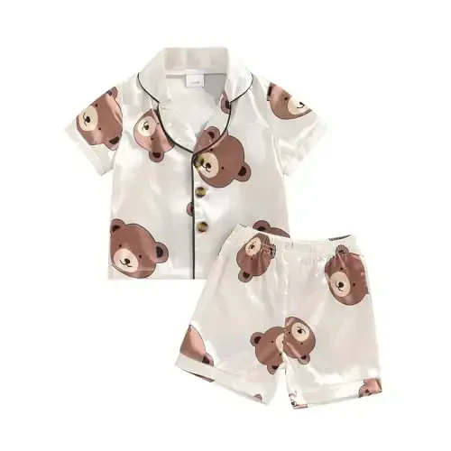 Kids Baby Girl Boy Satin Pajamas Set Short sleeve Button Down Shirt And Shorts Pjs Summer Sleepwear Nightwear - KIDS