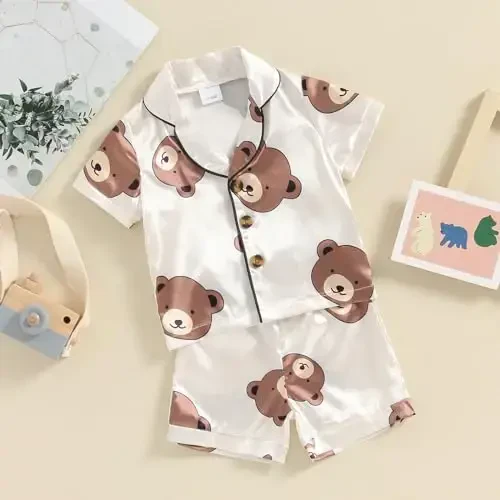Kids Baby Girl Boy Satin Pajamas Set Short sleeve Button Down Shirt And Shorts Pjs Summer Sleepwear Nightwear - 2