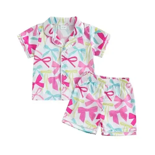 Kids Baby Girl Boy Satin Pajamas Set Short sleeve Button Down Shirt And Shorts Pjs Summer Sleepwear Nightwear - KIDS