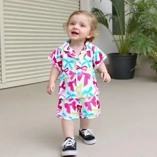 Kids Baby Girl Boy Satin Pajamas Set Short sleeve Button Down Shirt And Shorts Pjs Summer Sleepwear Nightwear - KIDS (1)