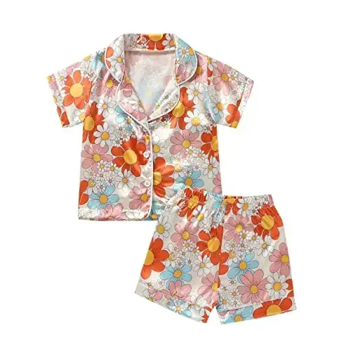 Kids Baby Girl Boy Satin Pajamas Set Short sleeve Button Down Shirt And Shorts Pjs Summer Sleepwear Nightwear 